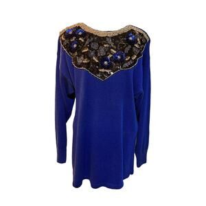 Vtg Victoria Harbour  Sweater Womens Sz Small Blue Knit Sequins Heavily Beaded